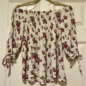 Women’s Off-Shoulder Floral Blouse - Cream with Red Floral